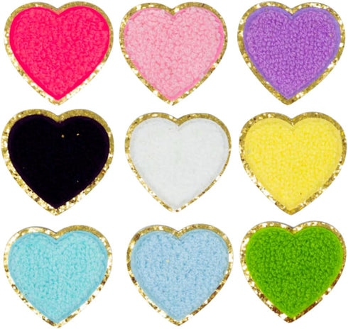 Shelzy’s Designs Towel Embroidered Heart Patches - 3pc Glitter Chenille Sticker or Glue on Appliques,Triple-Pack in Pink or White with Elegant Gol...