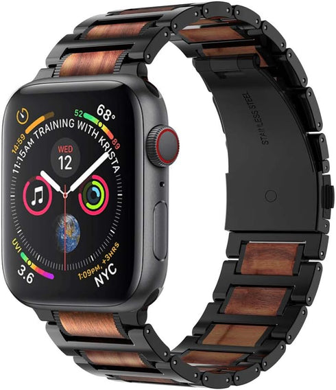 iiteeology Compatible with Apple Watch Band, Natural Wooden Steel Link Bracelet for iWatch Ultra 2/ Ultra/Series 1-10 42mm 41mm 40mm 38mm - Black...