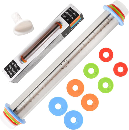 Adjustable Rolling Pin With 4 Thickness Rings, Stainless Steel Dough Roller Pizza Roller Handle Press Design With Measurement Guide For Baking, Fo...