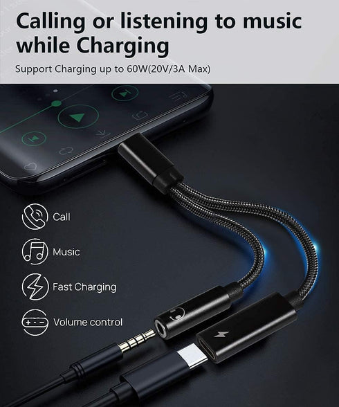 Samsung Galaxy S24 Headphone Adapter, 2 in 1 USB C to 3.5mm Audio Adapter & 60W Fast Charging Dongle Compatible with Pixel 7Pro/6/6Pro/5/4XL, Gala...