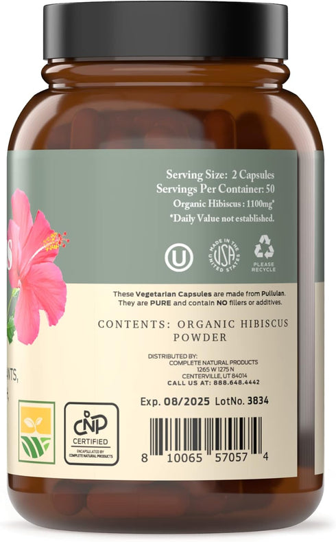Complete Natural Products Organic Hibiscus Capsules - 100 Count, 550mg, Antioxidant & Herbal Hibiscus Flower Capsules...