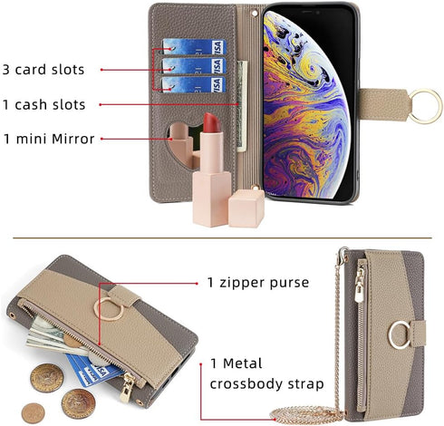 Asuwish Phone Case for iPhone Xs Max Wallet Cover with Screen Protector and Mirror Flip Cover Ring Card Holder Crossbody Strap Cell i X XR Xsmax 1...