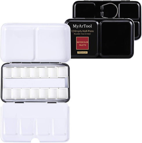 MYARTOOL Watercolor Tin Palette, Metal Empty Paint Case with 12 PCS Empty Half Pans for DIY Travel Watercolor Palette, Acrylic and Oil Painting...