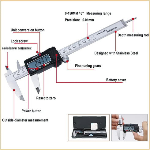 Digital Caliper,Electronic Digital Calipers, YKLSXKC 0-6" Calipers Measuring Tool, Stainless Steel Construction with Large LCD Screen, Auto-Off Fe...
