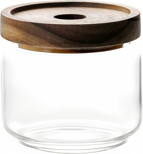 300ML/10Oz Clear Cute Glass Storage Canister Holder with Stackable Airtight Wood Lid, Modern Decorative Small Container Jar for Coffee, Spice, Can...