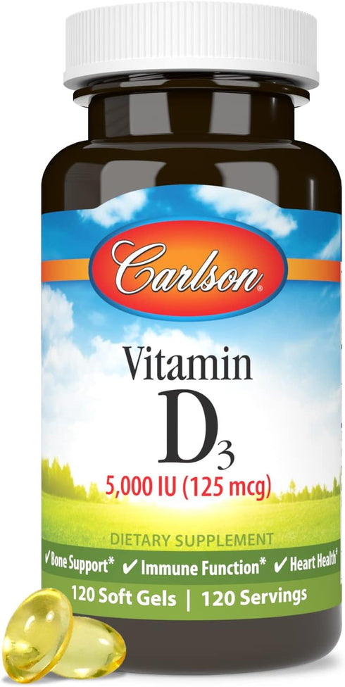 Carlson - Vitamin D3 5000 IU (125 mcg), Bone Health, Muscle Health, Cholecalciferol, Vitamin D Supplements, Vitamin D3 Soft Gels, 120 Softgels...