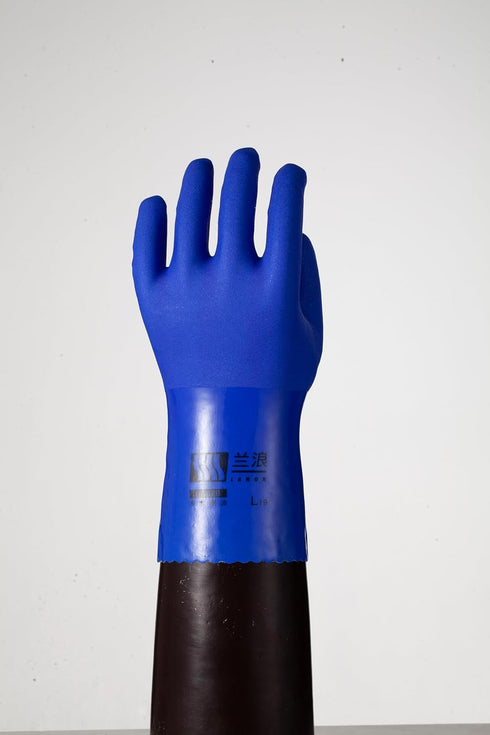 LANON PVC Chemical Resistant Gloves, Heavy-Duty Rubber Gloves, Acid, Alkali and Oil Protection, Non-Slip, Blue, Large...