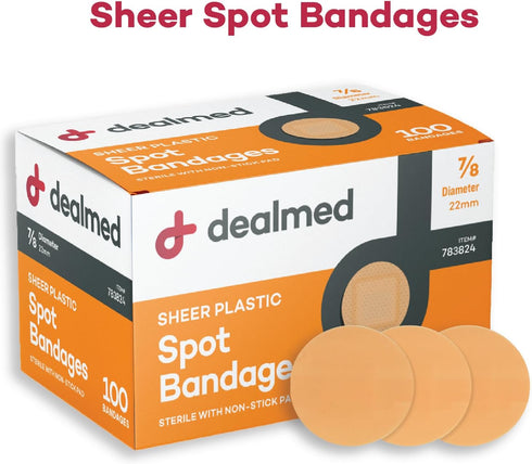 Dealmed Sheer Plastic Spot Bandages – 7/8” Small Round Sterile Strips, Adhesive Outer with Non-Stick Pad, Latex Free, Wound Care for First Aid Kit...