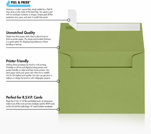 LUXPaper A2 Invitation Envelopes | Peel & Press | 4 3/8" x 5 3/4" | Avocado Green | 70lb. Text | 50 Qty...