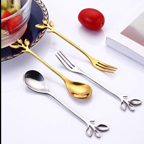 AnSaw 10-Pc Gold Mini Spoons & Forks Set, 4.7" - Stainless Steel, Leaf Handle, Ideal for Coffee,Tea, Appetizers, Tastings, Parties, Charcuterie & ...