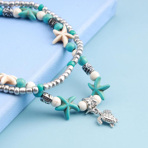 Boho Starfish Anklet Bracelet Sea Turtle Turquoise Chain Anklet Layered Turtle Pendant Ankle Bracelets Beach Blue Beads Foot Chain Jewelry for Wom...