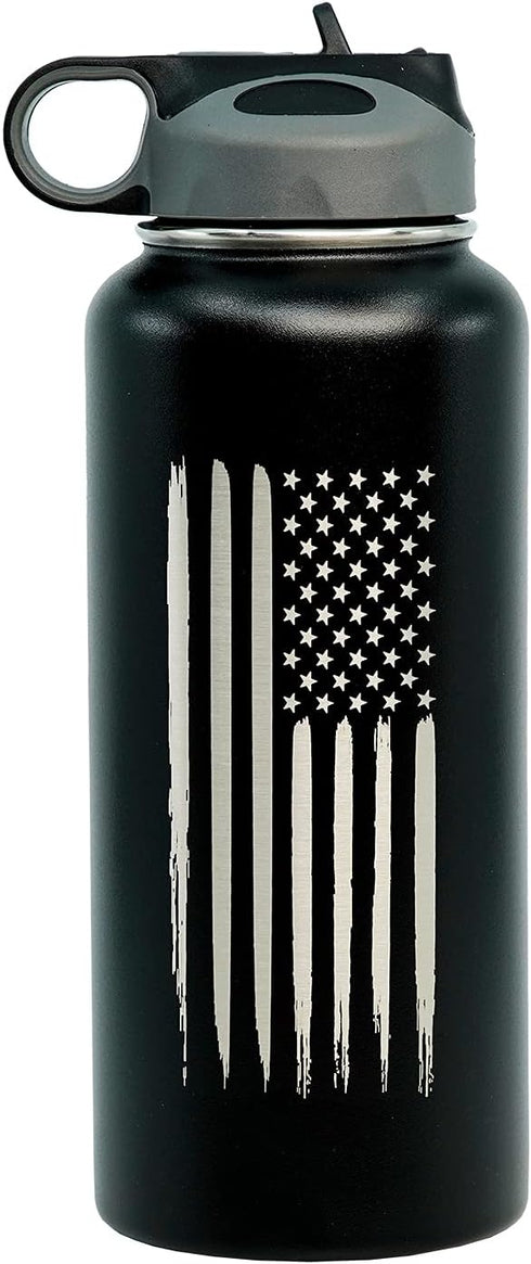 32oz American Flag Stainless Steel Insulated Water Bottle - Engraved USA Flag - American Flag Gift Set | Flag 32 oz Water Bottle...