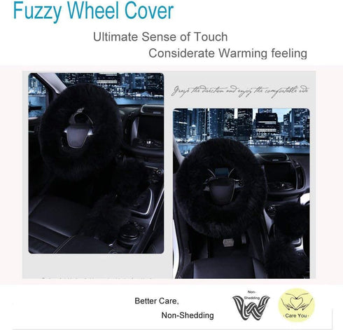 Car Steering Wheel Cover Gear Shift Handbrake Fuzzy Cover 1 Set 3 Pcs Multi-Colored with Winter Warm Pure Wool Fashion for Girl Women Ladies Unive...