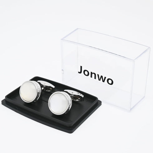 Round White Cufflinks for Men Lady In Gift Case Classic Silver Tone Men's Cufflinks Jewelry Set for Wedding Anniversary Business Party Events Tuxe...