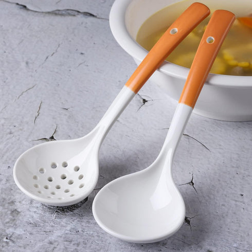 Ceramics Ladle Spoon Set of 2 Large Soup Ladle with Skimmer Slotted Spoons Kitchen Ladles Hot Pot Strainer Spoons for Cooking Serving Stirring (St...