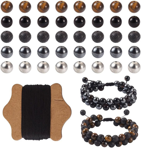 FASHEWELRY Mala Yoga Men Bracelet Making Kit - 220pcs Natural Gemstone Lava Rock Tiger Eye Beads Healing Crystal Chakra Stone Beads with Black Nyl...