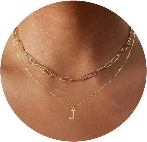 Gold Initial Necklaces for Women,Dainty 14K Real Gold Plated Letter Necklace Small Initial Pendant Choker Necklace Paperclip Layered Necklace Stac...