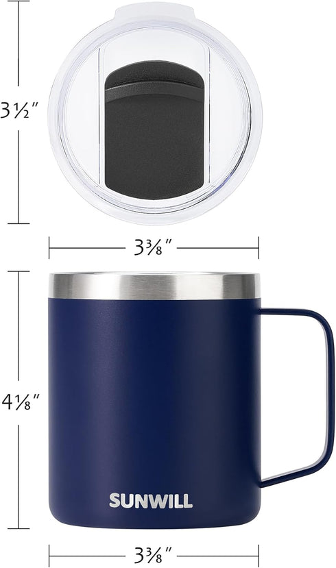 SUNWILL Insulated Coffee Mug with Lid, Travel Tumbler with Handle, 14oz Stainless Steel Cup for Camping, Office, Home, Powder Coated Navy Blue...