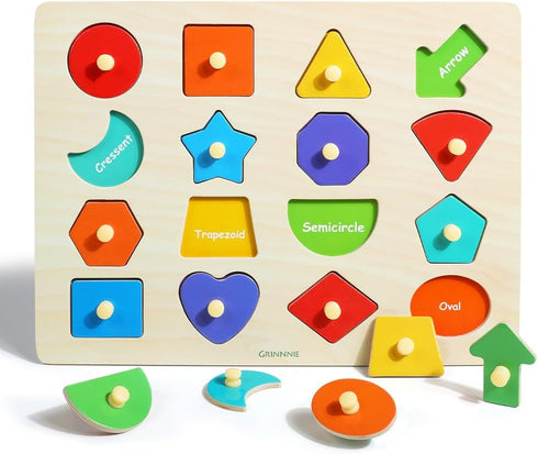GRINNNIE Toddler Shape Puzzle for 1 2 3 Years Old Boys and Girls, Montessori Wooden Learning Toys Shape Sorting Peg Puzzle for Toddlers 1-3, Gifts...