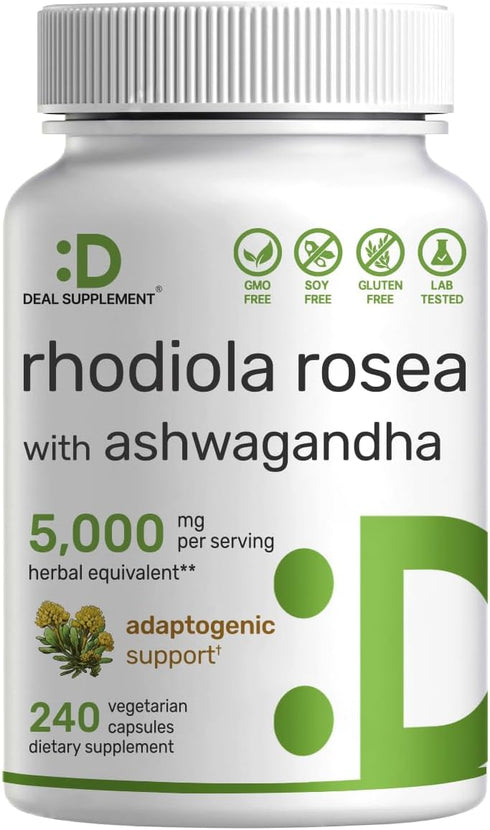 DEAL SUPPLEMENT Rhodiola Rosea with Ashwagandha 5,000mg Per Serving, 240 Veggie Capsules – Max Strength 10:1 Root Extract – Adaptogenic Supplement...