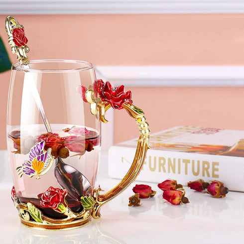 Kaiyuan Dynasty Tea Cup Glass Coffee Mugs Enamel Rose Flower Butterfly Drinking Cups with Spoon Set for Birthday Wedding Red Rose Tall Mug 12oz...