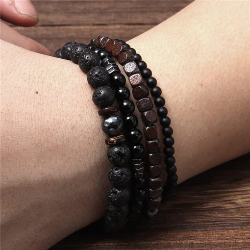 Natural Stone Leather Bracelet Set Obsidian Volcanic Stone Tiger Eye Stone Bead Bracelet Punk Style Men's Bracelet Set (bra000034)...