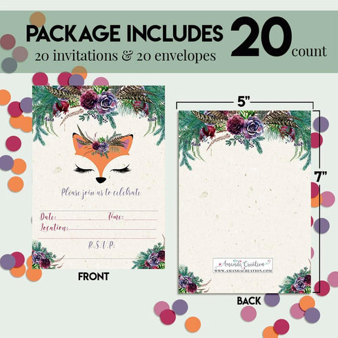 Woodland Forest Fox Face Floral With Greenery Birthday Party Invitations, 20 5x7 Fill In Cards with Twenty White Envelopes by AmandaCreation...