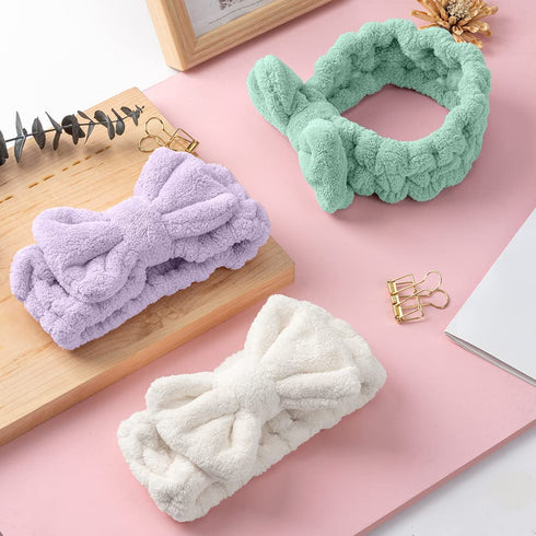 Spa Headband – 3 Pack Bow Hair Bands Women Facial Makeup Headbands Soft Coral Fleece Elastic Head Wraps for Bathing Shower Skincare Washing Face (...