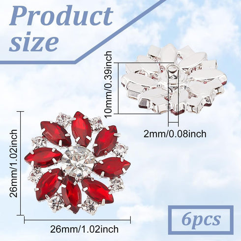 FINGERINSPIRE 6PCS Flower Brass Rhinestone Shank Buttons 26MM Red Crystal Sew On Buttons with 1-Hole and Flat Back, Fashion Claw Rhinestone Snowfl...