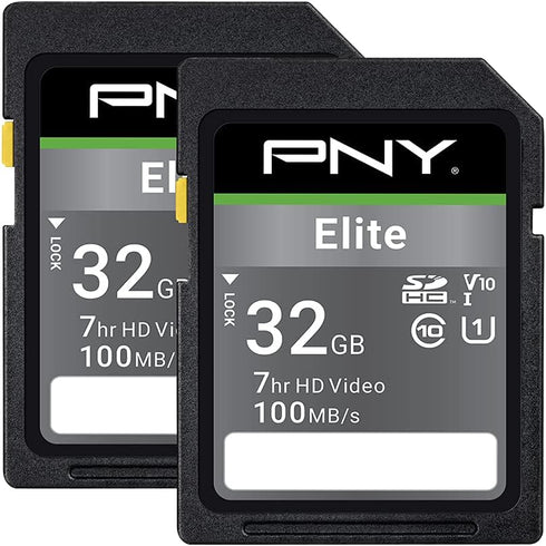 PNY 32GB Elite Class 10 U1 V10 SDHC Flash Memory Card 2-Pack - 100MB/s, Class 10, U1, V10, Full HD, UHS-I, Full Size SD...