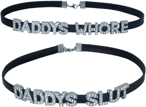 2 PCS DADDY'S +DADDY'S Choker Necklaces,Rhinestone DDLG Chokers Matching Daddy Lingerie,Sexy Dad Collar For Women Honey Princess Hotwife Girls,Fau...