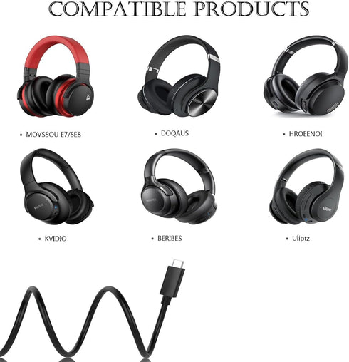 USB C Bluetooth Headphones Charger Cable for MOVSSOU E7,SE8, DOQAUS, HROEENOI, KVIDIO, BERIBES, Tuitager, Uliptz, INFURTURE, iClever BTH12 Wireles...