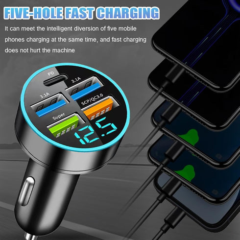 66W 5 Port Car Charger, 12-24V Quick Charge Automotive Fast Charging with USB PD Super QC 3.0 Cigarette Lighter Plug, Universal for SUV Truck RV 1...