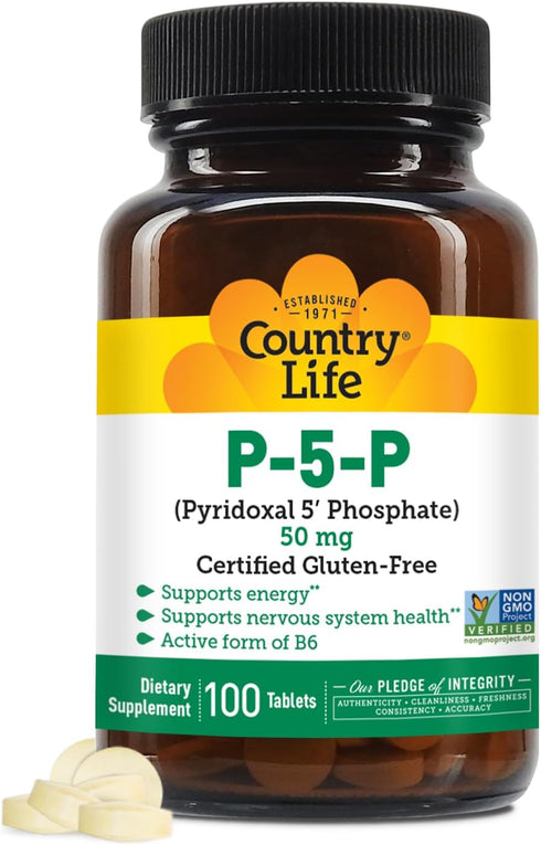 Country Life P-5-P Vitamin B6 – Bioavailable Pyridoxal-5-Phosphate Supplement for Energy, Nervous System Support, and Red Blood Cell Growth – Cert...