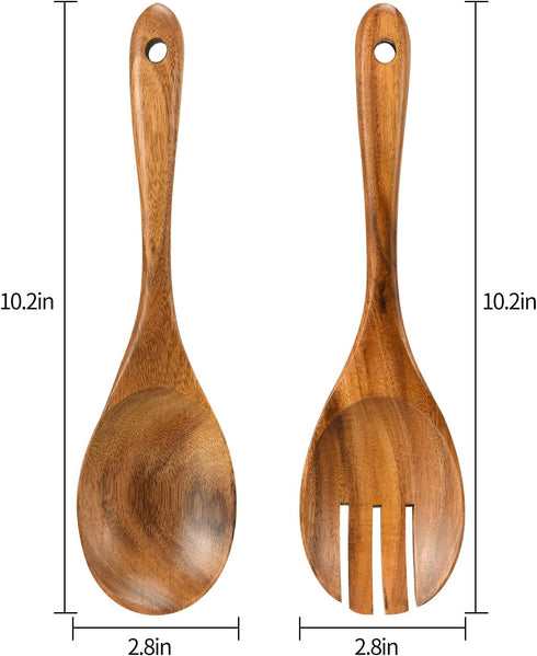 Salad Servers, Wood Salad Tongs, 10.2in Salad Spoon and Fork Set, Long Handle Salad Server Set for Mixing, Tossing and Cooking (Salad Spoon and Fo...