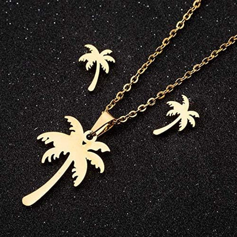 Stainless Steel Hawaii Tropical Plant Pendant Necklace for Women Coconut Palm Tree Stud Earrings Beach Set Jewelry (Gold)...