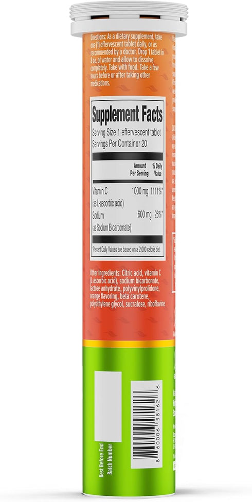 ORZAX Vitamin C 1000mg for Immune Support Supplement - Antioxidant Support - Orange Flavored (20 Effervescent Tablets)...