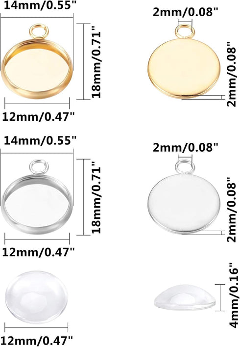 UNICRAFTALE 40 Sets 2 Colors 12mm Flat Round Tray Pendants Making Kits 304 Stainless Steel Pendant Cabochon Settings and Clear Glass Cabochon for ...