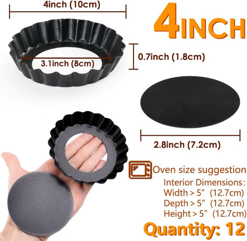 Mini Tart Pan Set of 12, Non-Stick 4 Inch Quiche Pan, Removable Bottom Tart Pan for Pies, Quiche Bakeware, Cheese Cakes, Desserts and more...