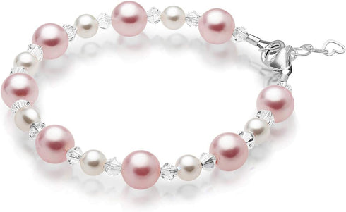 Pretty Sterling Silver Bracelets for Girls with Pink and White Simulated Pearls, European Crystals, Girls Jewelry, Pearl Bracelet for Girl, Birthd...