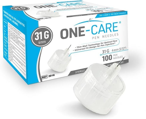 ONE-CARE Pen Tips 31G x 5/32’’ (4mm), Universal Fit, Optimal Skin-Contact for Comfort, Sterile, 100/bx...