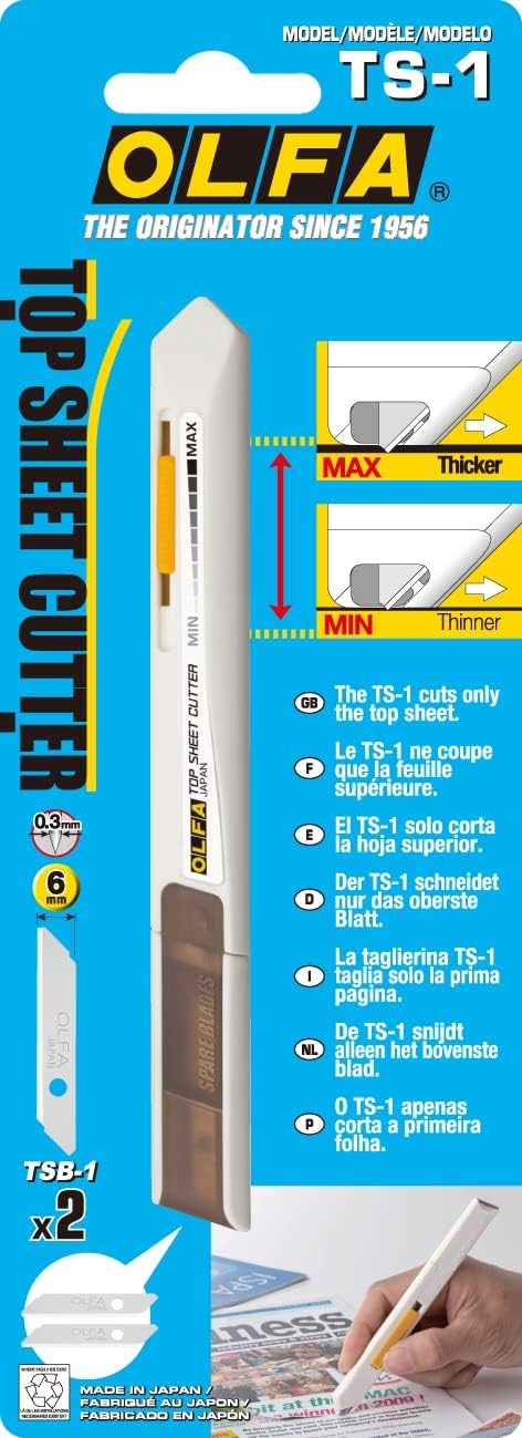 OLFA Top Sheet Cutter (TS-1) - Retractable Utility Precision Knife w/ 2 Extra Blades Cuts Top Layer Only for Liner, Vinyl, Paper, Adhesives, Repla...