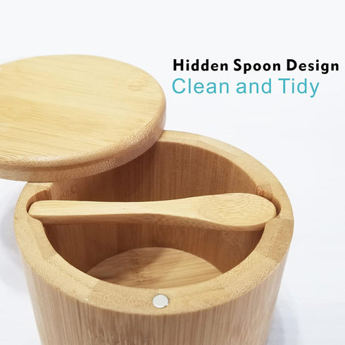 Salt Box with Lid and Spoon Bamboo Salt Container Kitchen Spice Cellars with Swivel Lid Built in Spoon Salt Holder for Storage Sea Salt 12oz Capac...