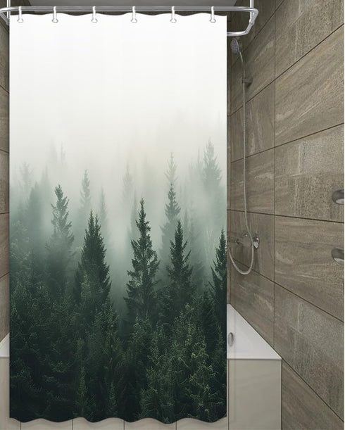 Green Misty Forest Shower Curtain Nature Shower Curtain Set Pine Tree Jungle Mountain Plant Rustic Scenery Landscape Shower Curtains for Bathroom ...