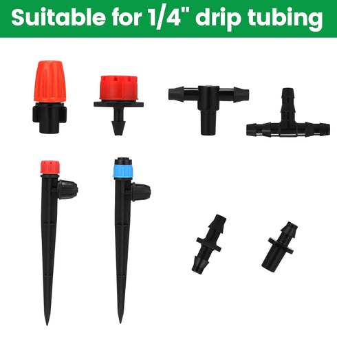 160 Pcs Adjustable Drip Irrigation Emitters, Misting Nozzles, Micro Irrigation Drippers, Sprayers, Barbed Connectors, Universal Parts for 1/4" Dri...
