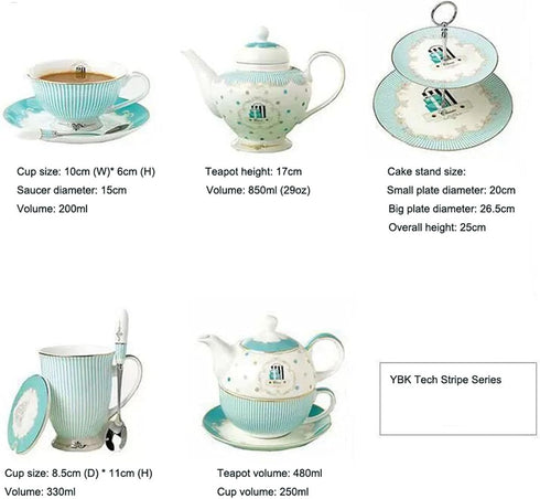 Cup& Saucer Set Bone China Porcelain Tea Coffee Cup for Breakfast Afternoon Tea- Blue Stripe Pattern (1)...