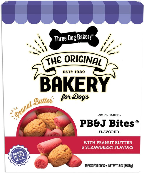 Three Dog Bakery Soft Baked PB&J Bites, Peanut Butter & Strawberry Flavor, Premium Treats for Dogs, 13 Ounce Box, brown (320035)...