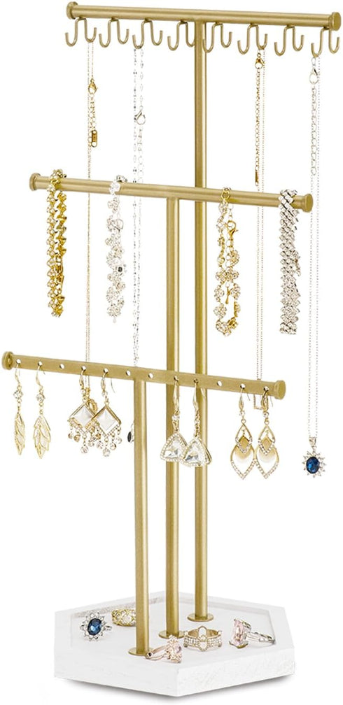 Pinzoveco Jewelry Organizer, 3 Tier Jewelry Holder Organizer with Tray, Jewelry Tree with Earring Organizer, 16 Hooks Necklace Holder, Bracelet Or...