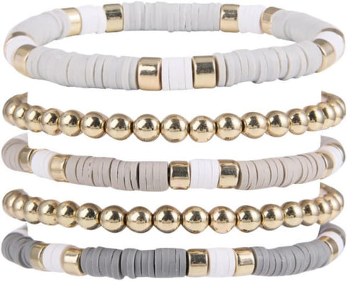 5-7PCS Surfer Colorful Clay Beads Stretch Bracelets Bohemian Stackable Gold Beads Vinyl Disc Elastic Bracelets Multilayer Summer Beach Jewelry Set...