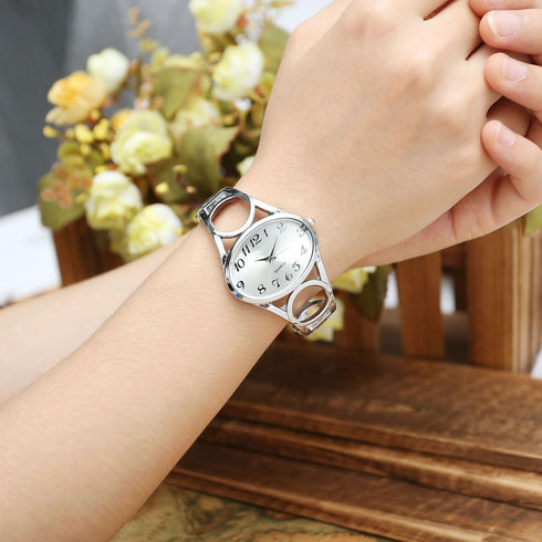 Top Plaza Women Fashion Silver Tone Circle Band Arabic Numeral Scale Bangle Cuff Dress Bracelet Watch - Valentine's Day Gift...